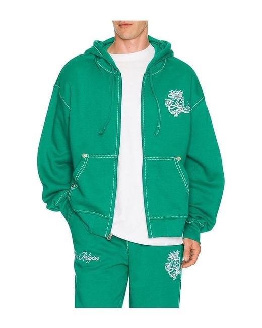 True Religion Green Crest Big T Cinched Zip Up Hoodie for men