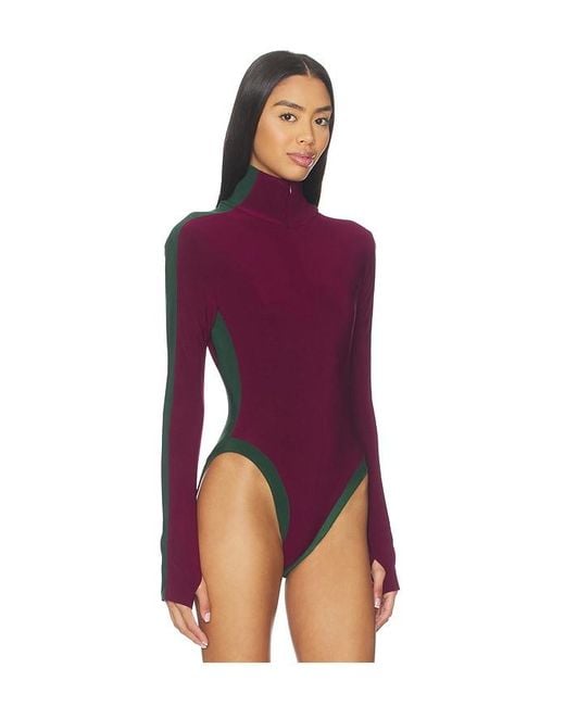 Norma Kamali Purple Side Stripe Turtleneck Bodysuit