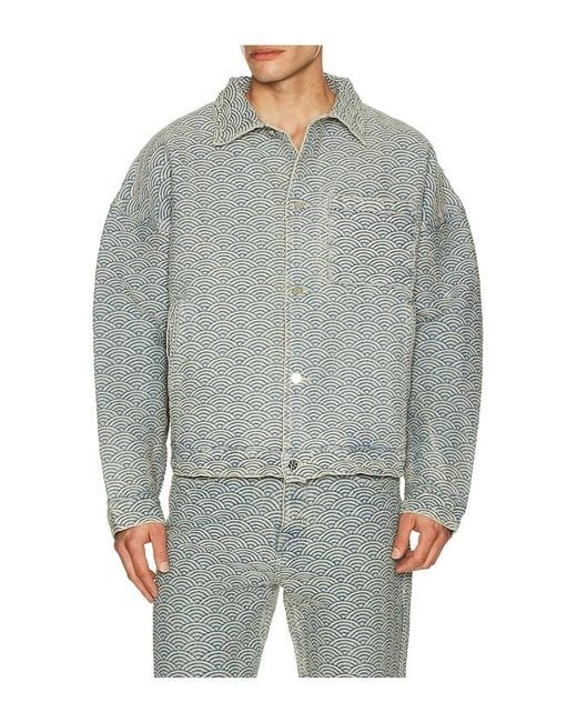 Ryoko Rain Gray Seigaiha Jacquard Denim Work Jacket for men