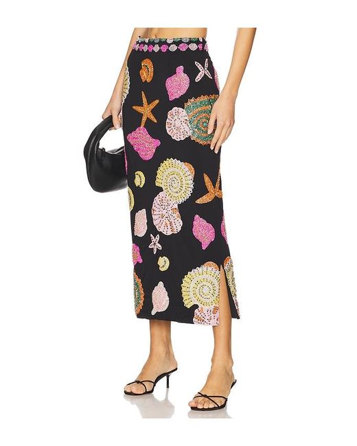 Oceanus Black New York Hand Embellished Midi Skirt