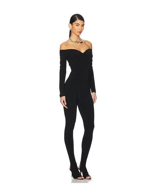 Norma Kamali Black Off Shoulder Sweetheart Catsuit With Footie