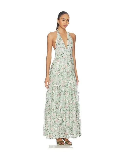 Alice + Olivia White Maura Embroidered Deep V Halter Tiered Maxi Dress
