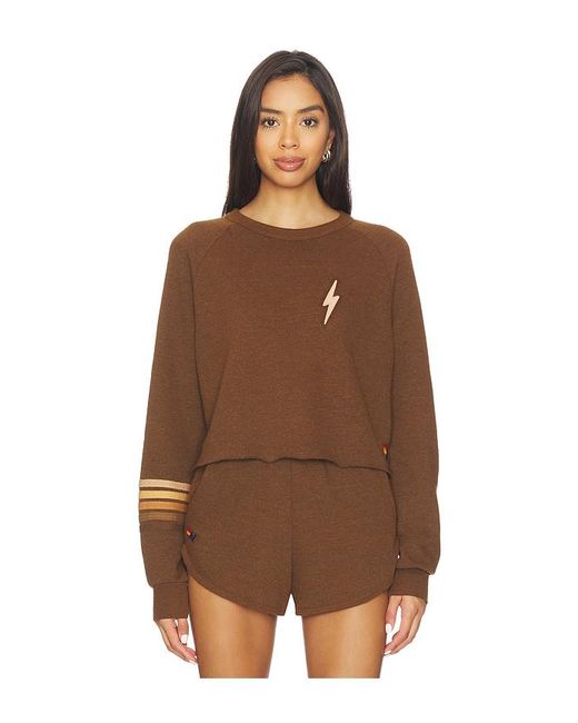 Aviator Nation Brown Bolt Rugby Stitch Cropped Crew Sweatshirt