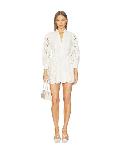 Alice + Olivia White Lucy Embroidered Longsleeve Mini Shirt Dress With Tie Belt