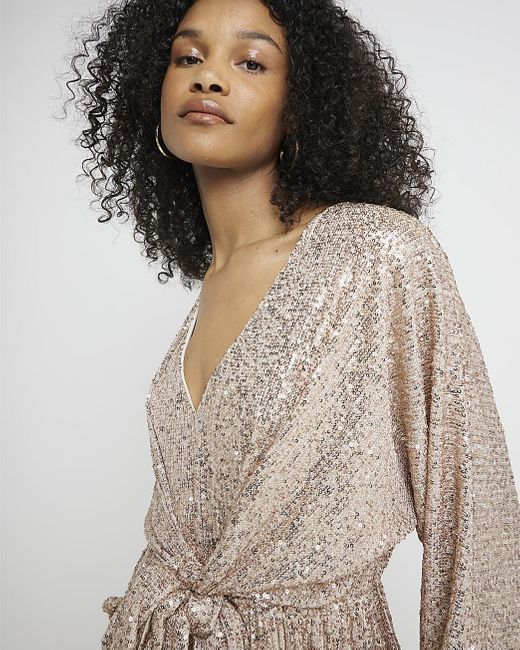 River Island Natural Rose Gold Sequin Tie Front Swing Midi Dress