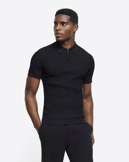 River Island Black Muscle Fit Knitted Half Zip Polo for men