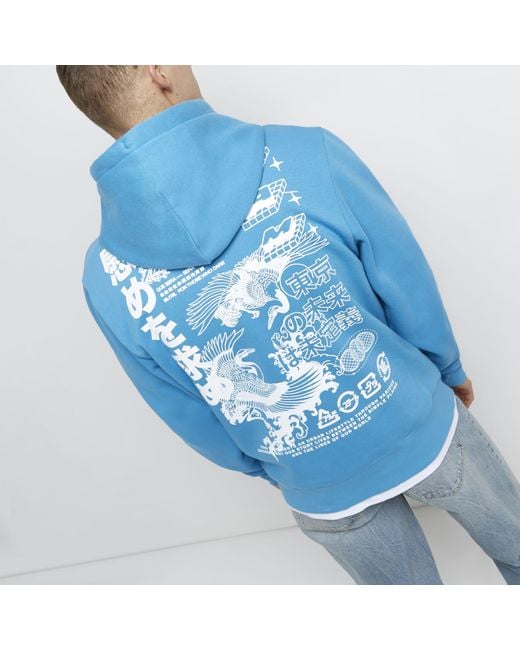 River Island Blue Regular Fit Graphic Hoodie for men