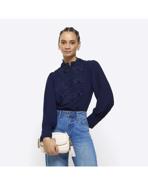 River Island Blue Navy Floral Long Sleeve Blouse