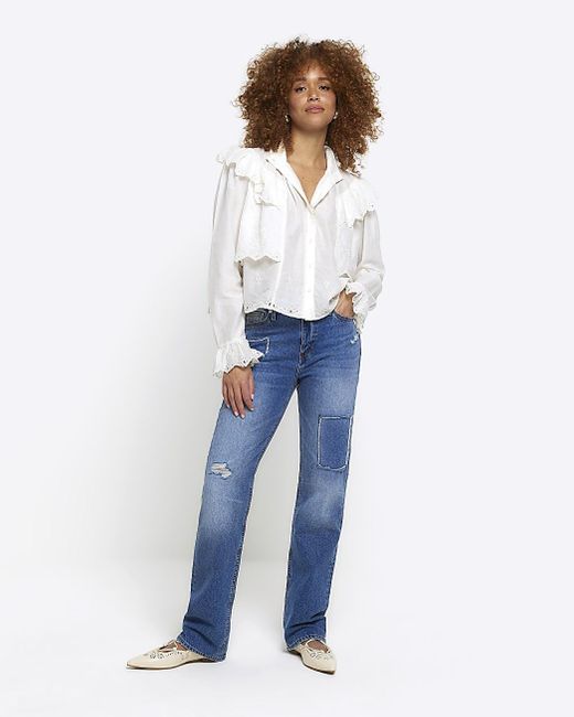 River Island White Embroidered Frill Blouse