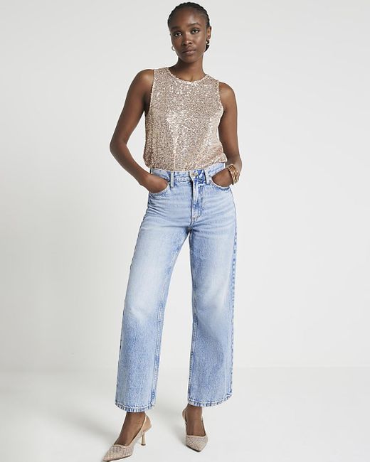 River Island Blue Rose Gold Sequin Tank Top