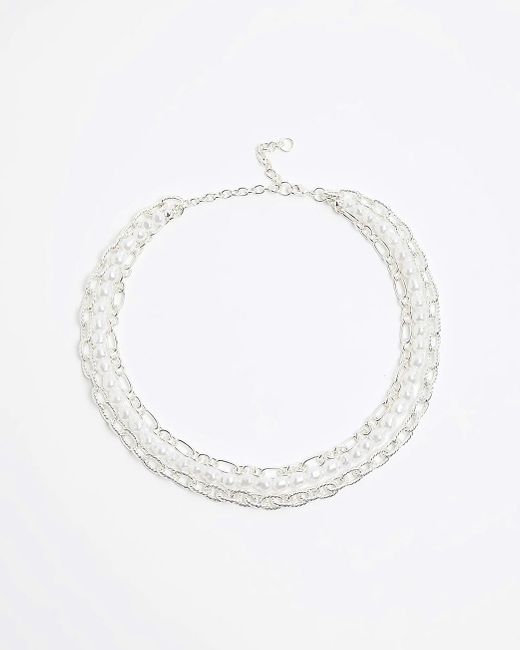 River Island White Silver Pearl Chain Multirow Necklace