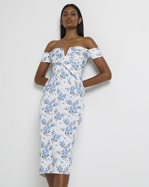 River Island White Floral Bardot Bodycon Midi Dress | Lyst