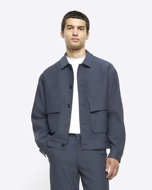 River Island Blue Regular Fit Plisse Harrington Jacket for men