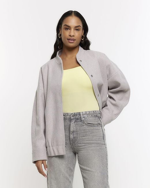 River Island Gray Grey Button Up Bomber Jacket