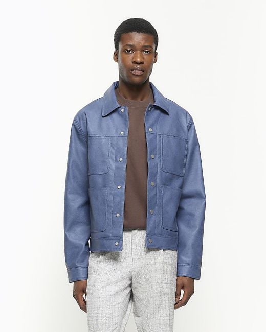 River Island Blue Regular Fit Faux Leather Western Jacket for men
