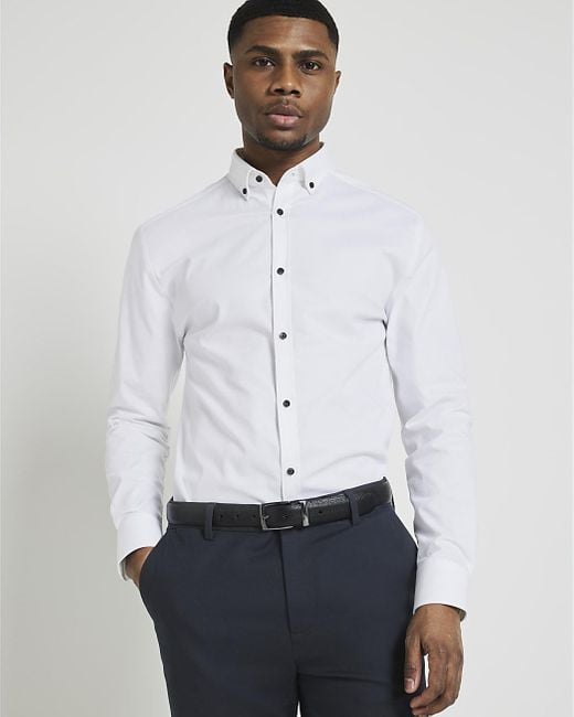 River Island White Muscle Fit Textured Smart Shirt for men