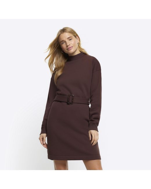 River Island Brown Belted Sweatshirt Mini Dress