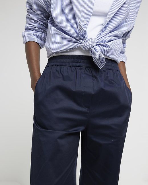 River Island Blue Navy Wide Fit Pull On Trousers