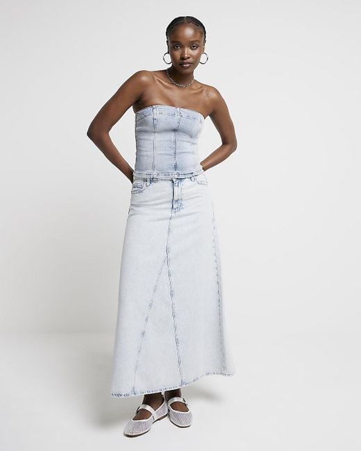 River Island White Blue Denim Maxi Skirt