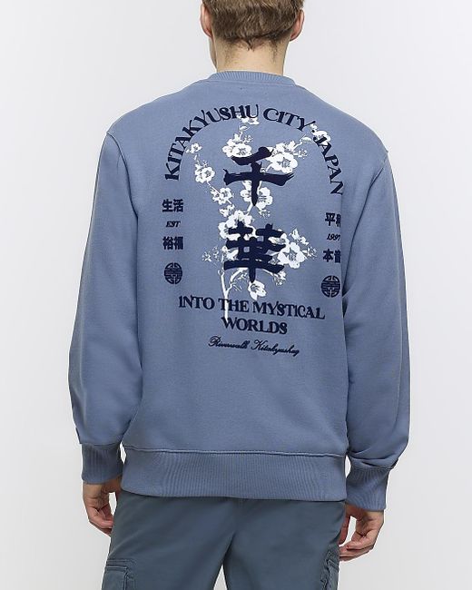 River Island Blue Grey Regular Fit Japanese Graphic Sweatshirt for men