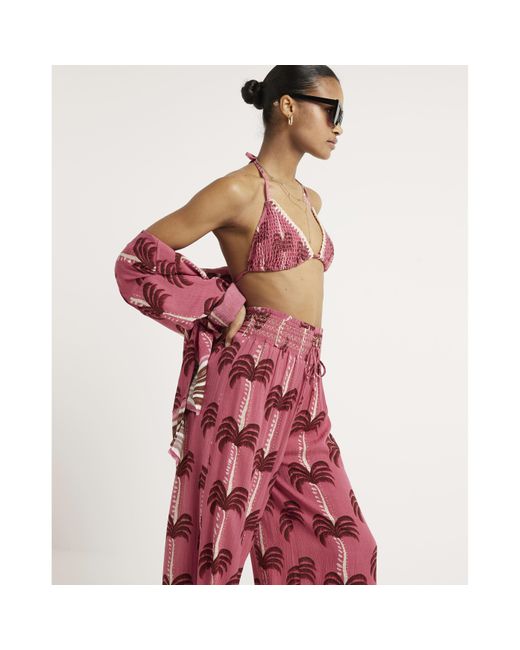 River Island Red Pink Palm Tree Wide Leg Beach Trousers