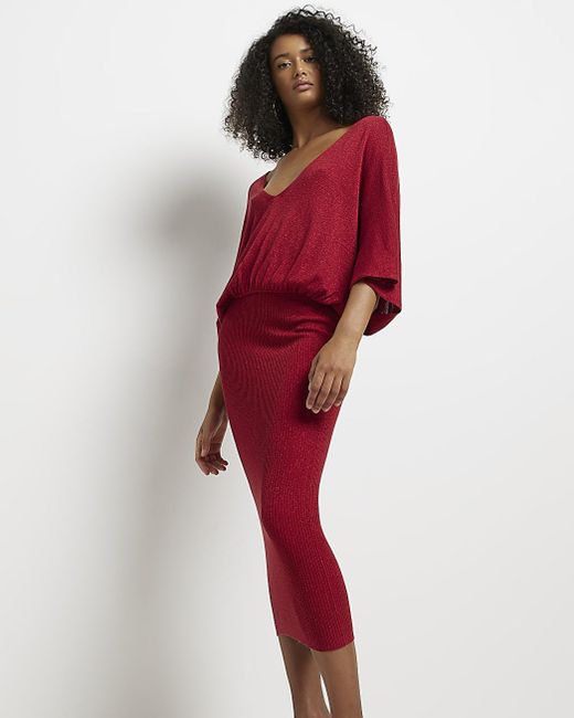 River Island Red Batwing Sleeve Bodycon Midi Dress | Lyst Canada