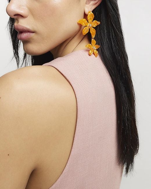 River Island Metallic Orange Flower Drop Earrings