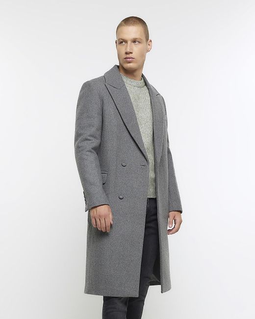 River Island Gray Wool Blend Longline Coat for men