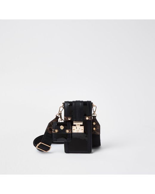 River Island Black Patent Phone And Earbud Bag