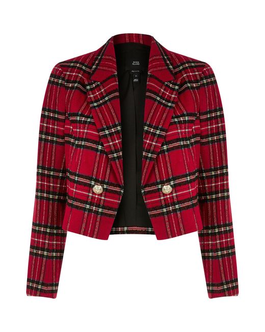 River Island Petite Red Tartan Cropped Blazer