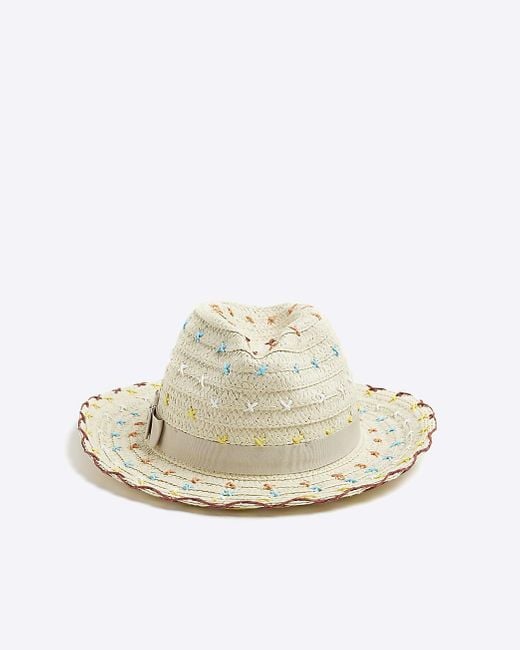 River Island White Cream Stitched Fedora Straw Hat