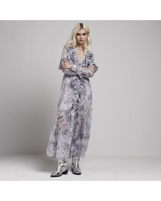 River Island White Grey Floral Frill Belted Swing Maxi Dress