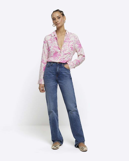 River Island White Pink Floral Long Sleeve Shirt
