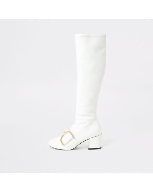 River Island White Buckle Strap Knee Length Boots