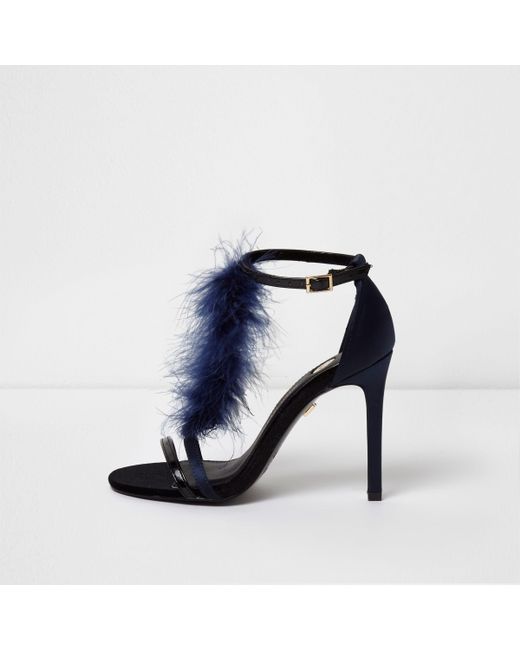 River Island Blue Navy Feather T-bar Strappy Sandals