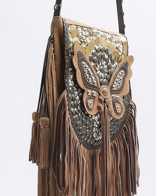River Island Natural Brown Leather Butterfly Cross Body Bag