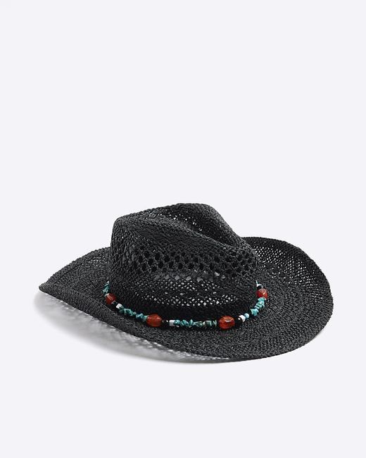 River Island Black Beaded Cowboy Straw Hat