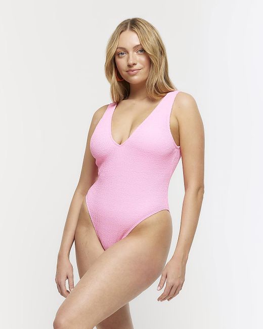 River Island Pink Textured Plunge Swimsuit
