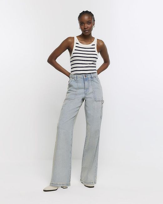 River Island Blue High Waisted Wide Fit Cargo Jeans