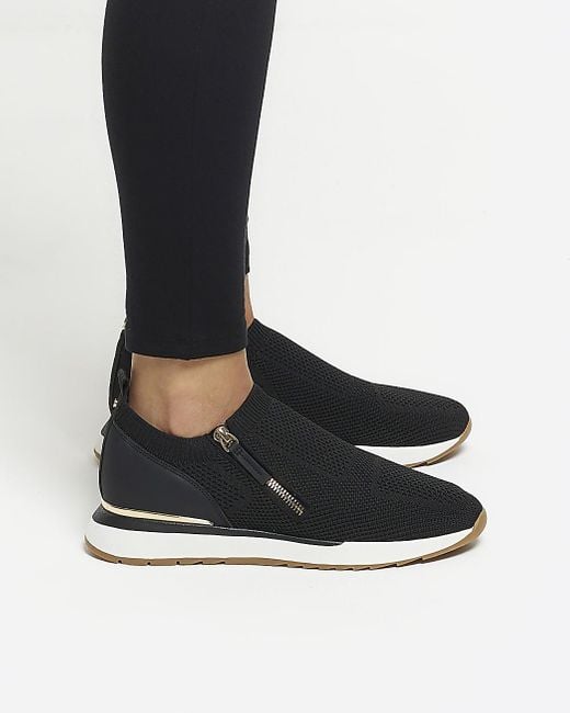 River Island Black Wide Fit Knit Side Zip Trainers