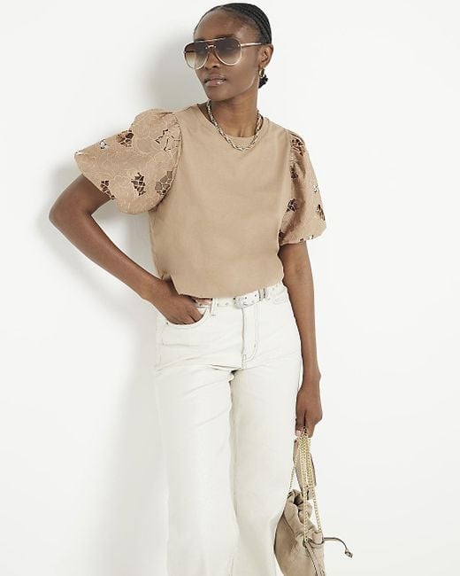 River Island Natural Beige Floral Puff Sleeve Top