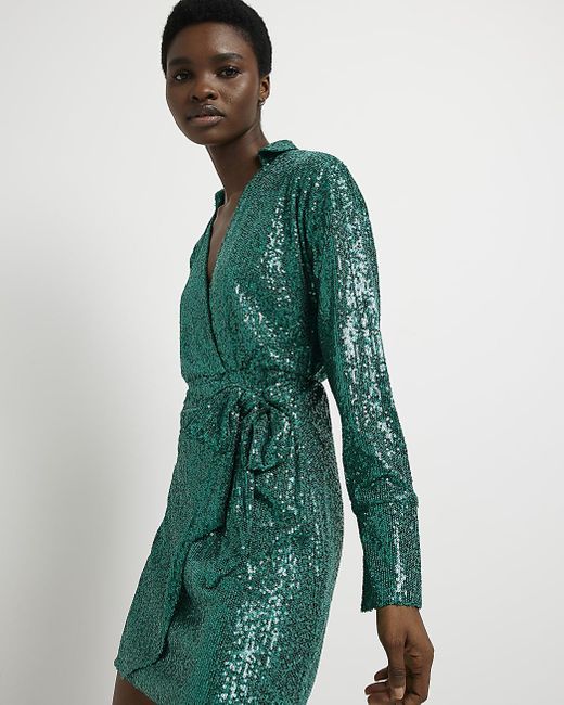 River Island Green Sequin Long Sleeves Wrap Mini Dress | Lyst
