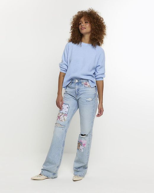 River Island Blue Patch Stove Pipe Straight Jeans