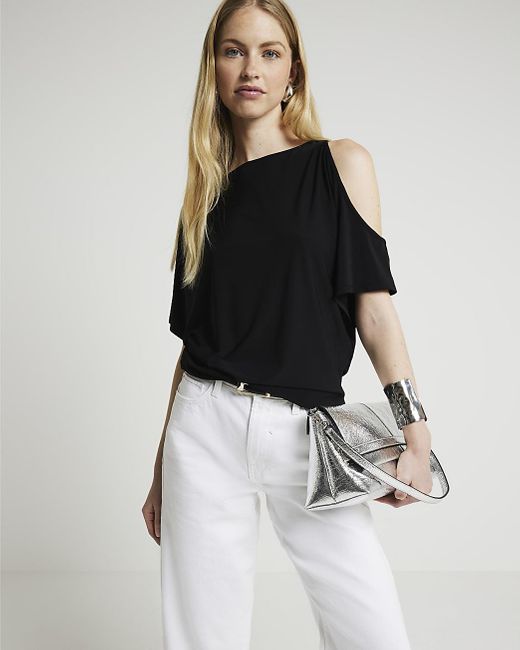 River Island White Black Ruched Cut Out Sleeve Top