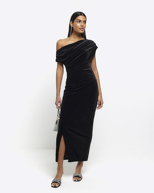 River Island Black Velvet Asymmetric Bodycon Midi Dress