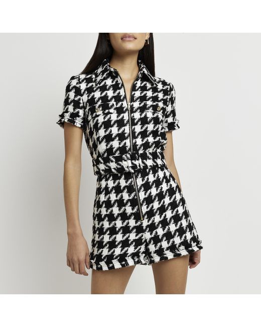 River Island Black Dogtooth Boucle Belted Playsuit