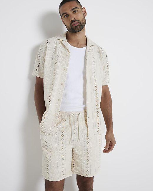 River Island White Beige Regular Fit Crochet Revere Shirt for men