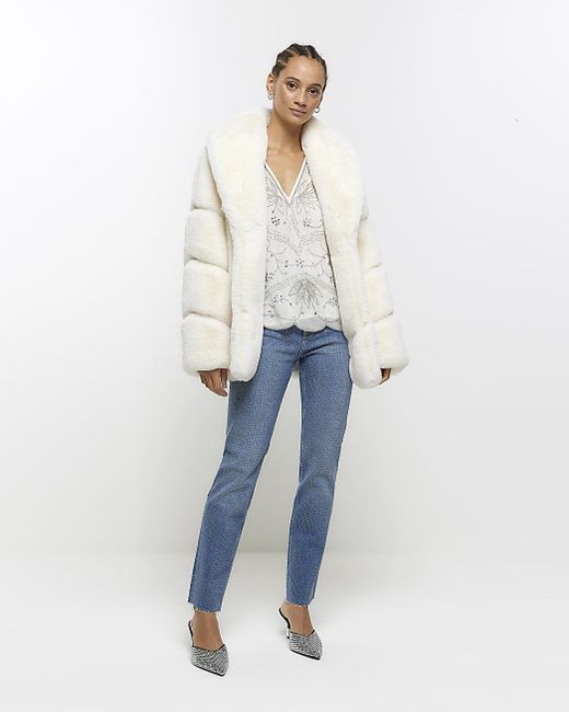 River Island Cream Panelled Faux Fur Coat in White | Lyst