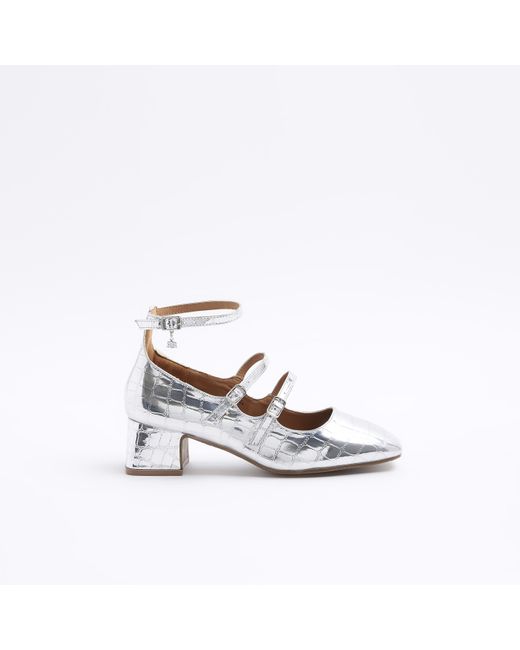 River Island White Silver Strappy Block Heeled Court Shoes