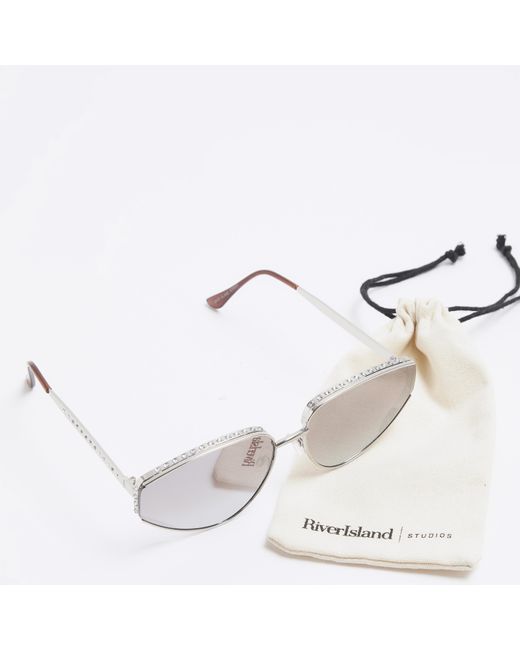 River Island White Silver Diamante Cateye Sunglasses
